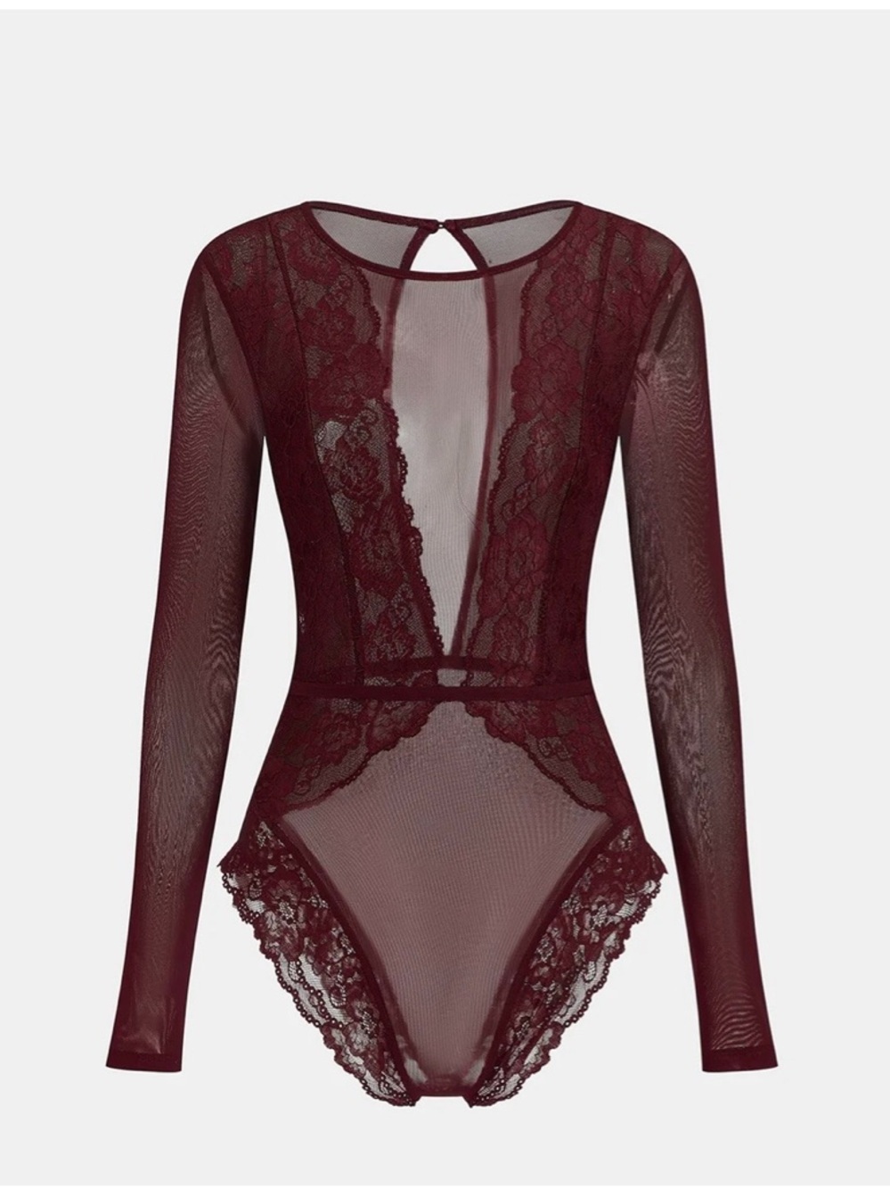 Commense Long-Sleeve Lace Mesh Bodysuit in Burgundy NWT